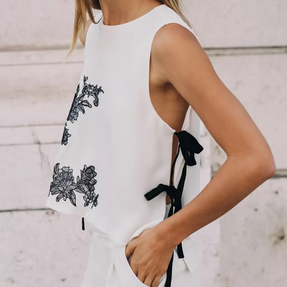 Zara White Tank Top with Black Floral Detail